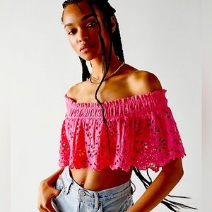 NWOT FP One Perla Eyelet Lace Off-shoulder Hot Pink Crop Top